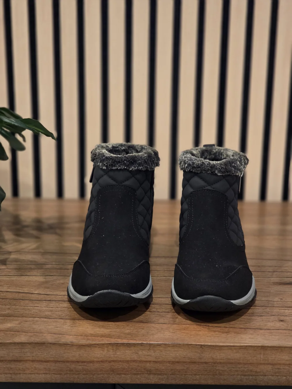 Easy Spirit Quilted Faux-Fur Ankle Boots - Black with Gray Trim